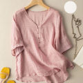 bellylady Women Cotton Linen Tops Retro Loose Solid Color Blouse Elegant V Neck Pullover Short Sleeves Shirt. 