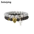 Sutuiying Gothic Skull Bracelet For Men Women Natural Stone Beads Bracelets barbell Boy Biker Cool Wristband Gift kpop. 