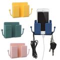 Wall Mount Phone Holder with Hooks Self-Adhesive Wall Beside Organizer Storage Box Plastic Charging Phone Stand | Phone Holder for Bedroom Living Room. 