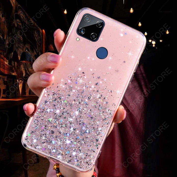 For Realme C15 Cover Fashion Shiny Glitter Starry Space Girls Slim Phone Case Clear Soft TPU Silicone Bumper Shockproof Protective Back Cover