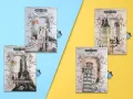 Notebook Diary Autograph Lockable 32k (13cmx19cm) Lock and Key System Colored Pages For Girls Cute Nostalgia Dream Famous Places Eiffel Tower Pissa Big Ben London Bridge Design. 