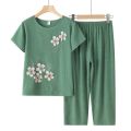 Grandma's Clothes Summer Wear Suit Printed Women's Short-Sleeved Cotton and Linen Loose Summer Clothes for the Elderly Two-Piece Set. 