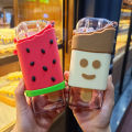 【BestGO】Cute Ice Cream Plastic Water Bottle With Straw Strap Popsicle Water Bottle Watermelon Kettle Leakproof Tritan Bottle BPA  Cu. 