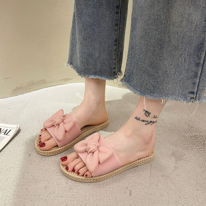 Non-Slip Sandals 2024 Outerwear Bowknot Summer Internet Celebrity ins Women's Fashionable All-Match High-End Fashionable Slippers Women's New