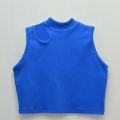 Trending Style Cut Out Turtle Neck Crop Top High Quality Stretchy Not See Thru Super Thick Cotton Rib Fabric 220 Gsm, Sleeveless Close Neck Casual Slim Fit Mock Neck Tee Tops Going Out Tops For Party Wear / T-Shirt In green, Blue And White Colors For Wome. 