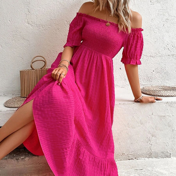 Yfashion%20Sexy%20Off%20Shoulder%20Dress%20For%20Women%20Summer%20Elegant%20Puff%20Short%20Sleeves%20Long%20Skirt%20Solid%20Color%20Ruffled%20Dress%20-%20Image%203