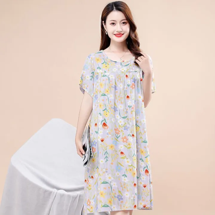 Middle-Aged%20and%20Elderly%20Cotton%20Nightdress%20Women's%20Summer%20Pajamas%20Artificial%20Cotton%20Dress%20Skirt%20Mid-Length%20plus%20Size%20Homewear%20Mom%20-%20Image%202