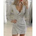 【ThinkWay】Women Dress V Neck Bodycon Dress Fashion Mini Dress Slim Sequins Party Evening Dresses Clubwear. 