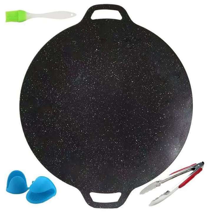 Grill Pan BBQ Baking Frying Round Griddle Plate Non-Stick Cooking Tools with Brush Gloves and Tongs for Camping Outdoor