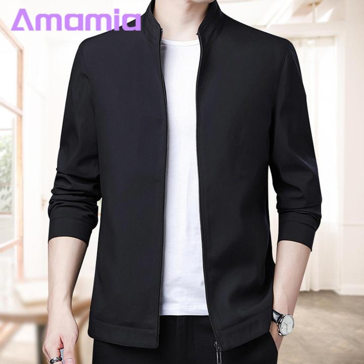 Men Coat Stylish Men's Slim Fit Jacket with Stand Collar Perfect for Business Casual Wear Zipper Closure Multiple Pockets Trendy Mid-aged Outwear Men Cold Weather Coat