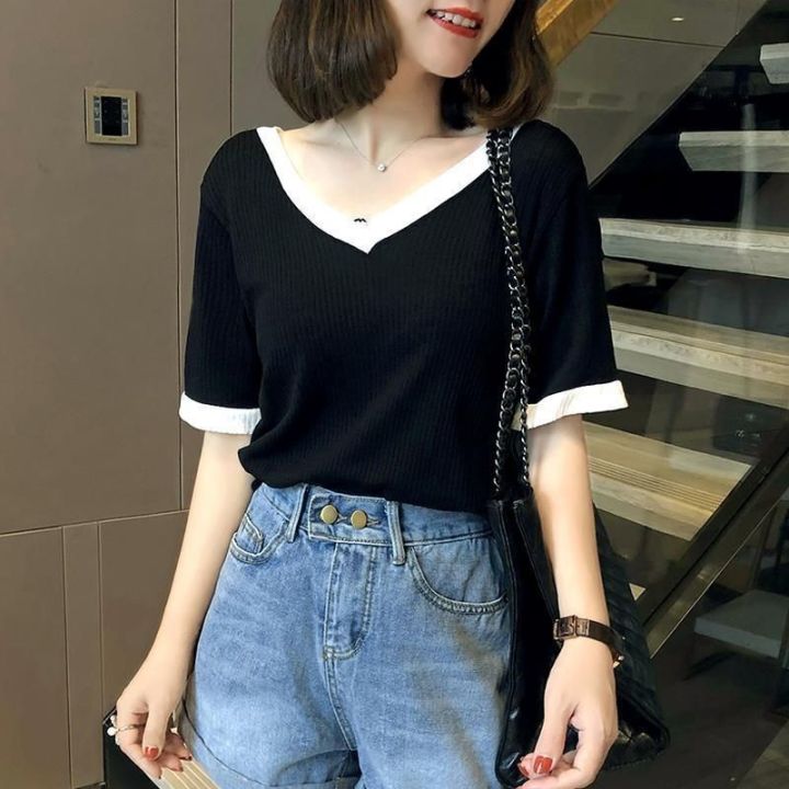 2-300 Jin Short Sleeve Ice Silk New 2024 Summer Thin Loose Slimming Temperament Color Matching V Collar T Women's T-shirt