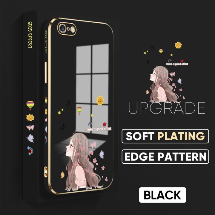 TA for iPhone 6 Plus 6S Plus Back Cover + Free Lanyard Charming Girl Luxury 6D Plating Case Side Pattern Soft Silicone Square Phone Cases for Girls