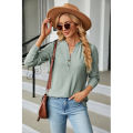 Yfashion Women Long Sleeves Tops Solid Color Design Button Shirt Blouse V-Neck Pullover Loose Jacquards T-Shirts Top. 