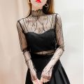 High Transparent Mesh Bottoming Shirt for Women Summer Thin Long Sleeves Sun Protection Inner Wear Gauze Clothes Turtleneck Lace Top Western Style Tulle. 