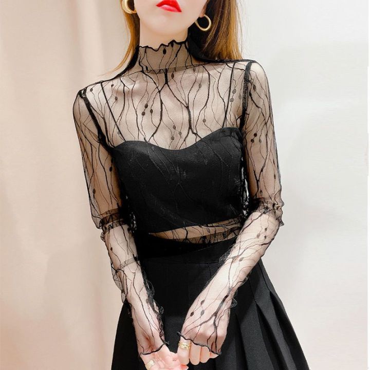 High Transparent Mesh Bottoming Shirt for Women Summer Thin Long Sleeves Sun Protection Inner Wear Gauze Clothes Turtleneck Lace Top Western Style Tulle