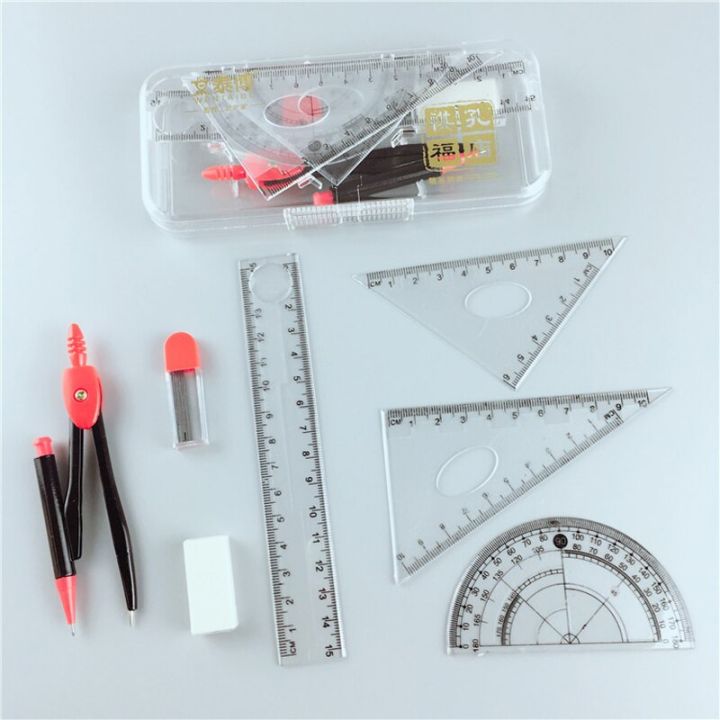 【HOT】 7Pcs/Set Simple Solid Geometry Protractor Drawing School Eraser Compasses Set Math Eraser Ruler For Students School Stationery