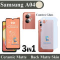 Pack of 3 - Samsung Galaxy A04 Ceramic Matte Glass Protector Full Glue Tempered Glass Screen Protector For PUBG + Back Matte Protector Soft Skin Sheet + Back Camera Glass Protector Flexible 9H Gorilla Lens Glass For samsung a04 - Transparent. 