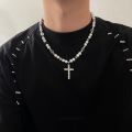 Time Offer】Reflective Pearl Stitching Cross Niche Clavicle Chain Men's Hip Hop Style Women's Chain. 