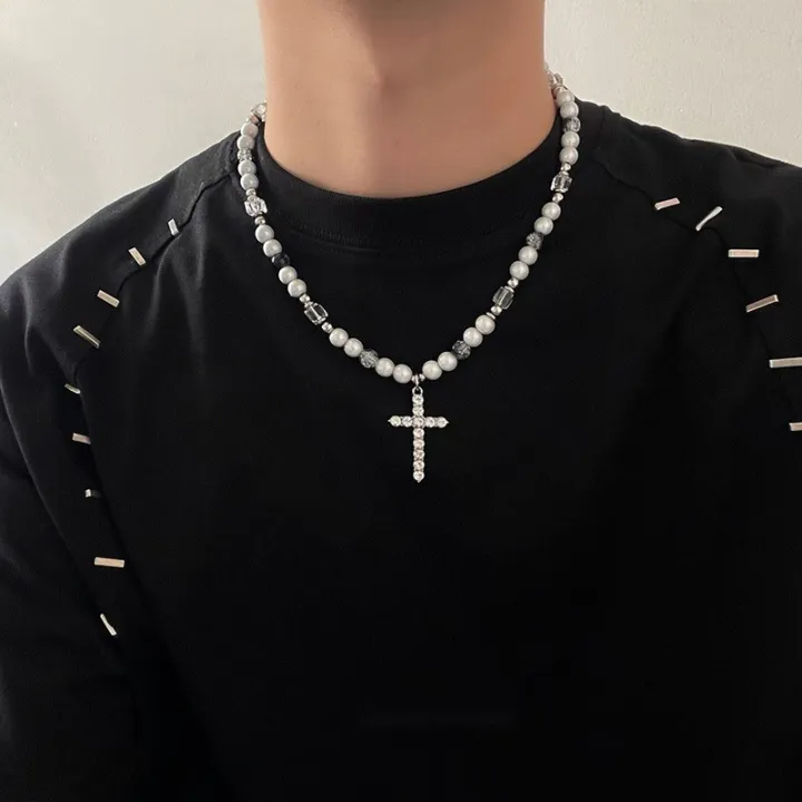 Time%20Offer%E3%80%91Reflective%20Pearl%20Stitching%20Cross%20Niche%20Clavicle%20Chain%20Men's%20Hip%20Hop%20Style%20Women's%20Chain%20-%20Image%202