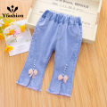 Yfashion Toddlers Girls Cotton Jeans Children Denim Cropped Pants Elastic Belt Summer Outerwear Loose Cropped Pants Clothing. 