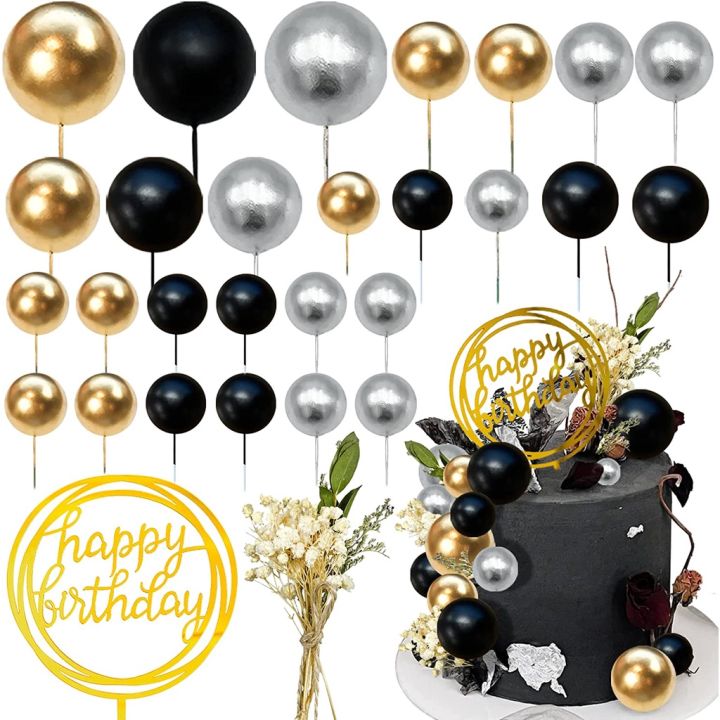 25pcs Black Gold Bubbles Balls Cake Topper Foam Balls Cake Topper Wedding Birthday Party Baby Shower Cake dessert Decoration