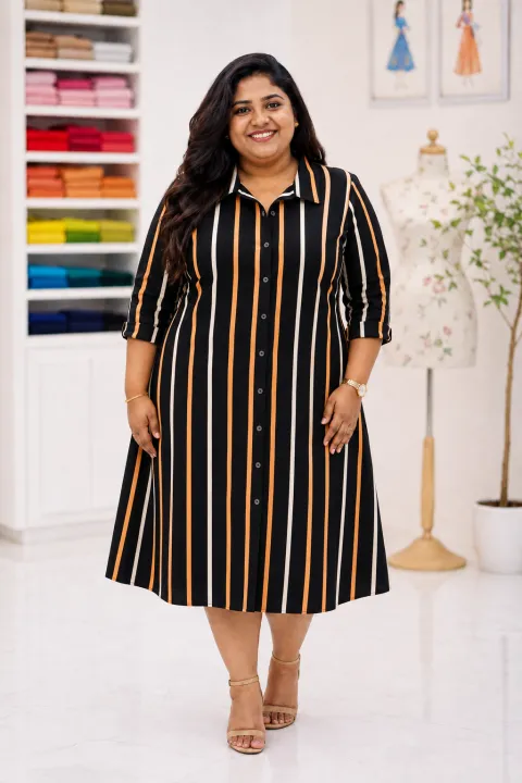 Plus%20Size%20Striped%20Shirt%20Frock%20for%20Women%20-%20Long%20Sleeve%20Shirt%20Collar%20Button%20Down%20Casual%20Midi%20Dress%20-%20Image%203