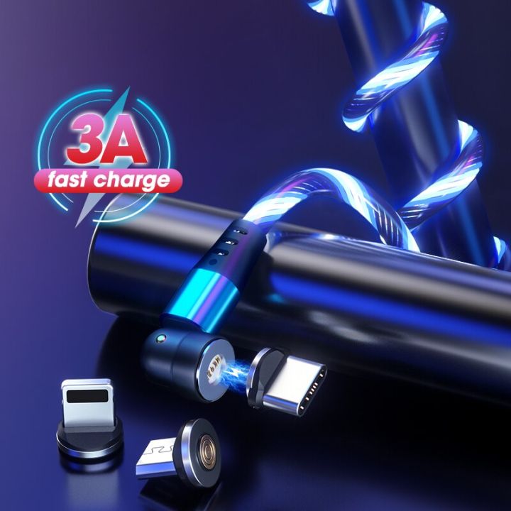 540 Rotate Luminous Magnetic Cable 3a Fast Charging Mobile Phone Charge Cable For Led Micro Usb Type C For I Phone Cable