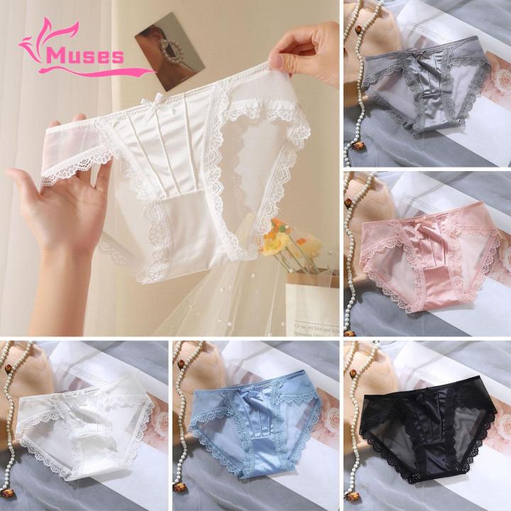 Muses Mall Lace Panties Lace Trim Low-rise Briefs Ice Silk Underwear for Daily Wear
