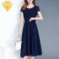 Elegant Midi Dress Summer Lace-up A-line Midi Dress for Women Elegant O-neck Short Sleeve Streetwear. 