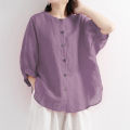 bellylady Summer Lantern Sleeve Tops For Girls Students Solid Color Cotton Linen Blouse Round Neck Pullover Shirt. 