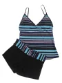 Women Two Piece Tankinis Swimsuit, Stripe Pattern V-neck Spaghetti Straps Tops Middle Waist Patchwork Pantie. 
