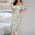 【ThinkWay】Korean Style Women Off Shoulder Floral Print Ruffle Long Dress Evening Holiday Casual Midi Dresses Plus KRS  #24-4. 