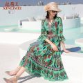 Printed Chiffon Dress All-Matching Women 2023 Summer New Bell Sleeve Ethnic Style Fashion High Quality Large Swing Skirt. 