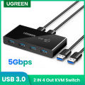 UGREEN USB 3.0 Sharing Switch Selector 4 Port 2 Computers Peripheral Switcher Adapter Hub for PC, Printer, Scanner, Mouse, Keyboard with One Button Swapping and 2 Pack USB Male Cable. 