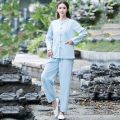 Cotton and Linen Yoga Clothes Suit Spring and Summer New Tai Ji Suit Morning Exercise Clothes Two-Piece Set Solid Color plus Size Loose Zen Tea Gown. 