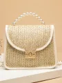 Ladies Sweet Style Messenger Bag, Girls Creative Straw Braid Faux Pearl Hand Grip Handbag Chain Shoulder Bag for Dating Beach. 