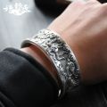S999 Pure Silver Handmade Men's Retro Wide Face Personality Fashion Silver Bracelet   Glossy Concave Carved Sterling Silver Bracelet. 