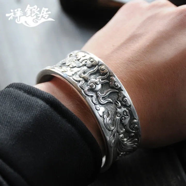 S999%20Pure%20Silver%20Handmade%20Men's%20Retro%20Wide%20Face%20Personality%20Fashion%20Silver%20Bracelet%20%20%20Glossy%20Concave%20Carved%20Sterling%20Silver%20Bracelet%20-%20Image%205