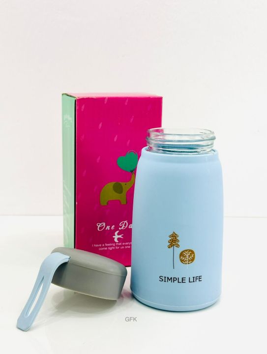 Cute Glass Water Bottle with Lid For School, Sports & Outdoor Purpose - 400ml