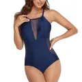 Summer Ladies One-piece Swimsuit, Adults Women Floral Leaves Printing/Solid Color Mesh Splicing Backless Swimwear. 
