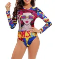 Women's One-Piece Swimsuit, 3D Print Long Sleeve Round Neck Hollow Out Back Bathing Bodysuit. 