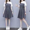 Korean Style Summer New Plaid Stitching Two-Piece Drawstring Waist Slimming DesignAWord Small Size Dress. 