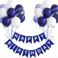 Navy Blue Happy Birthday Banner 30 pcs (10 pc White 10pc Royal Blue 5pc Confetti 5pc Metalic chrome) Latex Balloon and Banner for Boys Girls Birthday Party Decorations. 