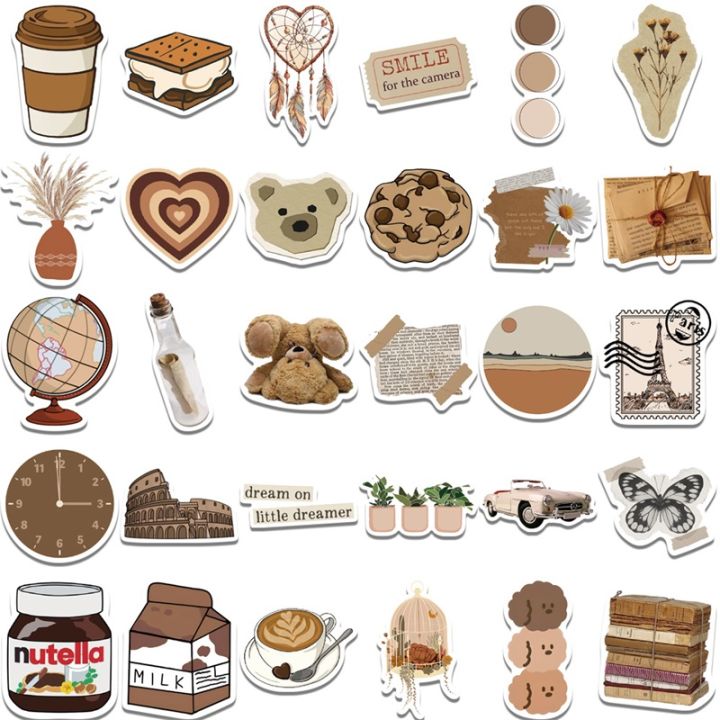 10/30/60PCS%20Vintage%20Brown%20Sticker%20Aesthetic%20PVC%20Laptop%20Sketchbook%20Children's%20Stationery%20Decoraction%20Scrapbooking%20School%20Supplies%20-%20Image%206