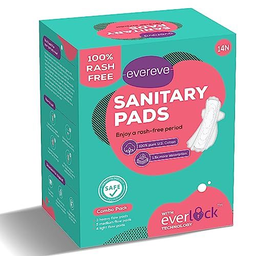 Evereve 100% Us Cotton Ultra Thin Rash Free Sanitary Pads Combo,Pack of 14 Pads,4 Heavy,8 Medium & 2 Panty Liners, Unscented, Leakproof, Zero Toxin, Dermatologically Tested, Individual Disposal Bags (FROM INDIA SAB)