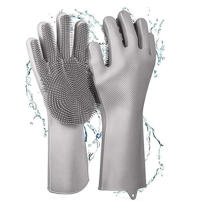 Magic Silicone Dishwashing Gloves with Built In Scrubber Heat Resistant Reusable Anti Slip Cleaning Gloves for Kitchen Car Bathroom and Pet Grooming
