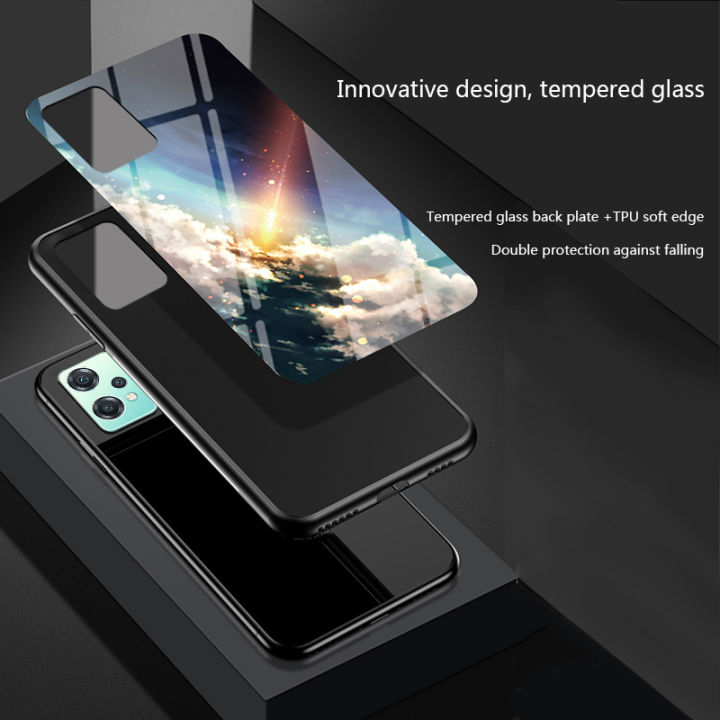Linman Biruiqu For Oneplus Nord CE 2 Lite 5G Shockproof Starry CLuxury olorful Tempered Glass Back Soft Silicone Edge Case Cover