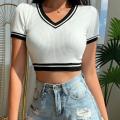 bellylady Women Cotton Cropped T Shirt Retro Knitted V-neck Pullover Tops Short-sleeved High-waisted Slim Fit Shirt. 