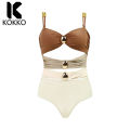 KOKKO Women1 Pieces Swimsuits With Matching Wrap Skirt Contrasting Color Spaghetti Straps Swim Top Mesh Cover Up. 
