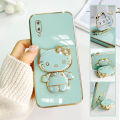 TA for Samsung M02 A02 Back Cover Hello Kitty Mirror Folding Bracket Luxury 6D Plating Case Soft Silicone Square Phone Case for Girls. 